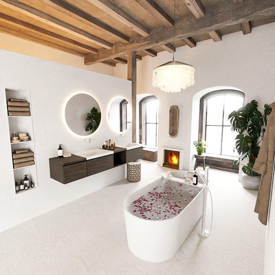 MONDIAZ BUKLA 200cm ensemble de meuble avec module ouvert 40 à droite couleur Marron Foncé avec 3 tiroirs. Lavabo CLOUD double 0 trous de robinet couleur Talc.