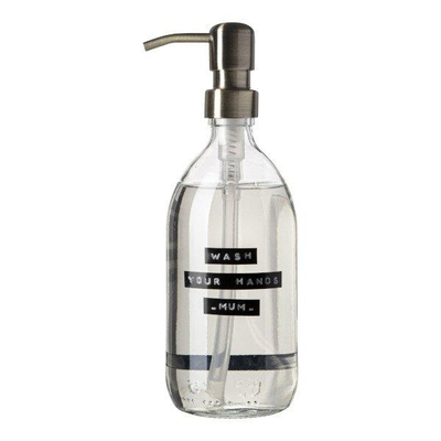 Wellmark Handzeep helder glas messing pomp 500ml tekst WASH YOUR HANDS..MUM Zwart label