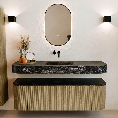 MONDIAZ THOR-DLUX 150cm badmeubel ronding links + rechts kleur Dusk met 1 lade en 2 deuren. Vrijhangende wastafel CLOUD Midden zonder kraangat kleur Lava.