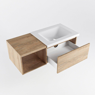 MONDIAZ BUKLA 100cm badmeubel met open module 40 kleur Washed Oak met 1 lade. Wastafel CLOUD rechts 1 kraangat kleur Talc.