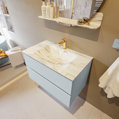 MONDIAZ VICA-DLUX Badkamermeubelset - 80cm - onderkast clay- 2 lades - inbouw wastafel cloud midden - 1 kraangat - 60cm hoge versie - glace