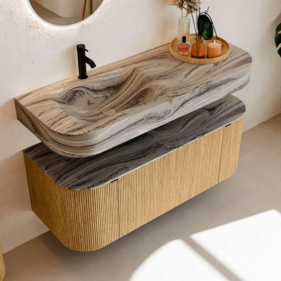 MONDIAZ THOR-DLUX 120cm badmeubel ronding links + rechts kleur Oak met 1 lade en 2 deuren. Vrijhangende wastafel CLOUD Links 1 kraangat kleur Sombra.