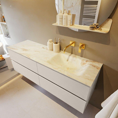 Mondiaz VICA-DLUX ensemble de meuble de salle de bain - 150cm - meuble sous-vasque lin - 4 tiroirs - lavabo encastrée cloud droite - sans trous de robinet - version haute de 60cm - frape