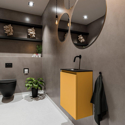 MONDIAZ TURE Toiletmeubel 40x23x50cm met 0 kraangaten 1 deuren ocher mat Wastafel Eden links Solid Surface Zwart