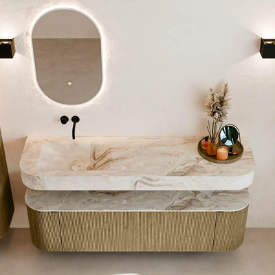 MONDIAZ THOR-DLUX 160cm meuble de salle de bains arrondi gauche + droite couleur Dusk avec 1 tiroir et 2 portes. Vasque suspendue CLOUD gauche sans trou de robinet couleur Frappe.