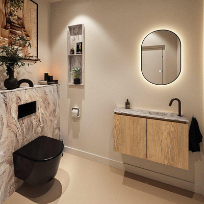 MONDIAZ TURE-DLUX Meuble toilette - 80cm - Washed Oak - EDEN - vasque Glace - position droite - 1 trou de robinet