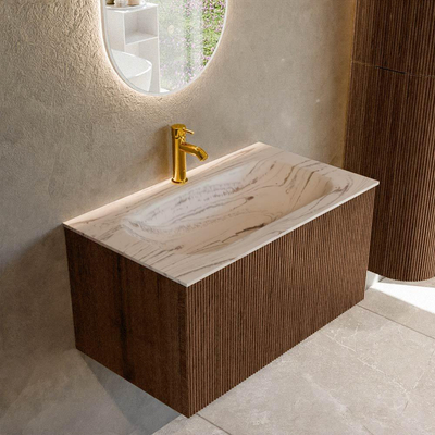MONDIAZ KURVE-DLUX 80cm badmeubel kleur Walnut met 1 lade en 0 deuren. Wastafel BIG SMALL Midden 1 kraangat Nata.