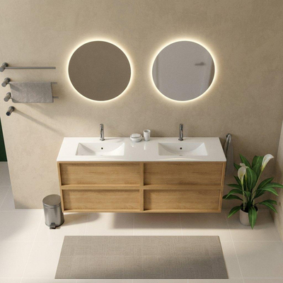 Saniclass Holz Frame Ensemble de meubles de salle de bains - 160x45x62cm - Vasque Vygo en céramique blanche - 2 lavabos - 2 trous de robinetterie - 4 tiroirs - chêne natural mat (bois)