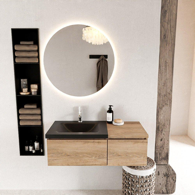 MONDIAZ BUKLA meuble de salle de bain 100cm avec module 40 couleur Chêne blanchi avec 2 tiroirs. Lavabo CLOUD gauche 1 trou de robinet couleur Urbaine.