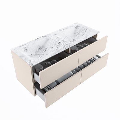 Mondiaz VICA-DLUX ensemble de meuble de salle de bain - 120cm - meuble sous-vasque lin - 4 tiroirs - lavabo encastrée nuage double - 2 trous de robinet - version haute de 60cm - glace