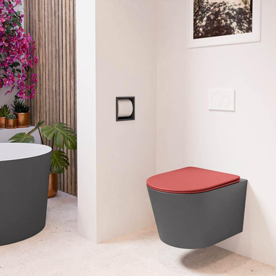 Mondiaz LAVIE hangtoilet – spoelrandloos – 36 x 53 cm – met softclose zitting – Dark grey (grijs), zitting Fire (rood)
