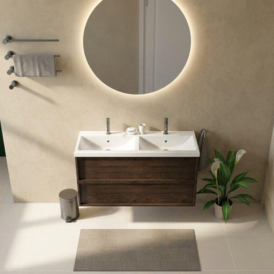 Saniclass Holz Frame Ensemble de meubles de salle de bains - 120x45x63.5cm - Bari lavabo en céramique blanc - 2 vasques - 2 trous de robinet - 2 tiroirs - chêne charcoal mat (bois)