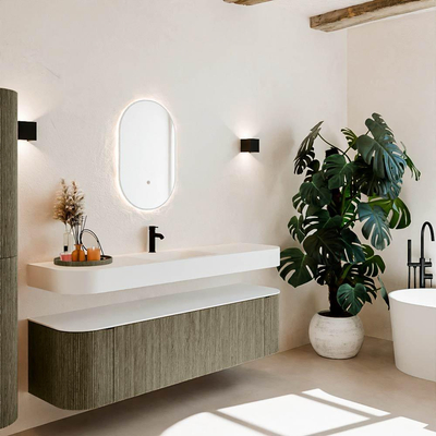 MONDIAZ THOR 170cm meuble de salle de bains arrondi gauche + droite couleur Shadow avec 1 tiroir et 2 portes. Vasque suspendue CLOUD Milieu 1 trou de robinet couleur Talc.