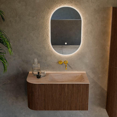MONDIAZ KURVE-DLUX 85cm badmeubel ronding Links kleur Walnut met 1 lade en 1 deur. Wastafel CLOUD Rechts zonder kraangat Saba.