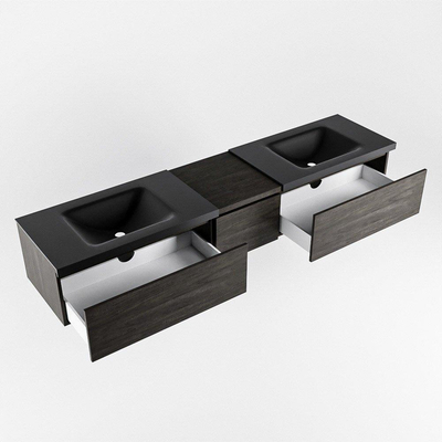 MONDIAZ BUKLA 200cm meuble de salle de bain avec module 40 couleur Marron Foncé avec 3 tiroirs. Lavabo CLOUD double 2 trous de robinet couleur Urban.