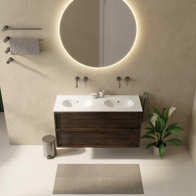 Saniclass Holz Frame Ensemble meuble de salle de bains - 120x45x74cm - lavabo Chaci en céramique blanc - 2 vasques - sans trous de robinetterie - 2 tiroirs - chêne charcoal mat (bois)