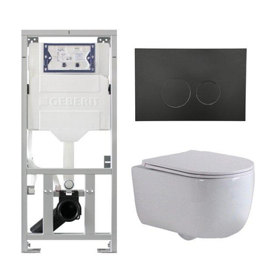 QeramiQ Dely Swirl Ensemble WC- 36,3x51,7 cm - réservoir encastré Geberit UP320 - abattant fin - plaque de commande noire mate - boutons ronds - blanc mat