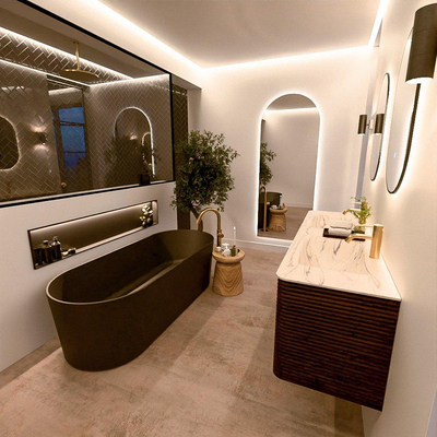 Mondiaz CIRO-DLUX Ensemble de meubles de salle de bains - 160x45x50cm - Lavabo en solid surface Nata - 2 vasques double - 2 trous de robinet - 4 tiroirs - Noyer