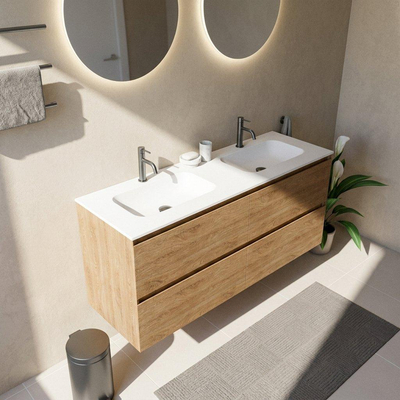 Saniclass Holz Pure Ensemble meuble de salle de bains - 140x45x61.5cm - lavabo Flow en solid surface blanc - 2 vasques - 2 trous de robinetterie - 4 tiroirs - chêne natural mat (bois)