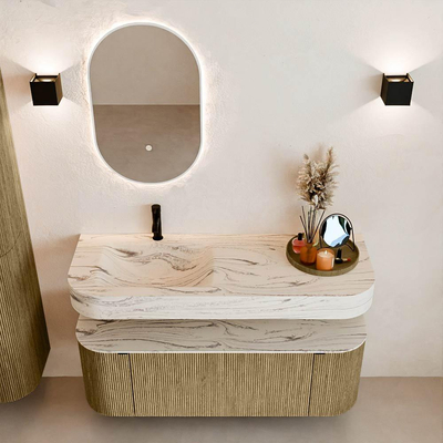 MONDIAZ THOR-DLUX 130cm meuble de salle de bains arrondi gauche + droite couleur Dusk avec 1 tiroir et 2 portes. Vasque suspendue CLOUD gauche 1 trou de robinet couleur Nata.