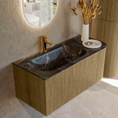 Mondiaz KURVE-DLUX Badkamermeubelset - 105x46x40cm - 1 lade - 1 deur - wastafel solid surface - links - 1 kraangat - Dusk