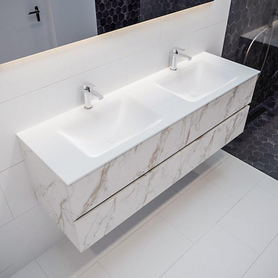 Mondiaz VICA ensemble de meuble de salle de bain - 150cm - meuble sous-vasque carrara - 4 tiroirs - lavabo cloud double - 2 trous de robinet - miroir LED - version XL 60cm de haut