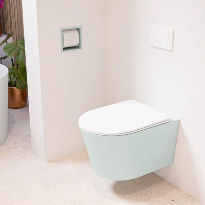 Mondiaz LAVIE hangtoilet – spoelrandloos – 36 x 53 cm – met softclose zitting – Greey (lichtgroen/grijs), zitting Talc (wit)