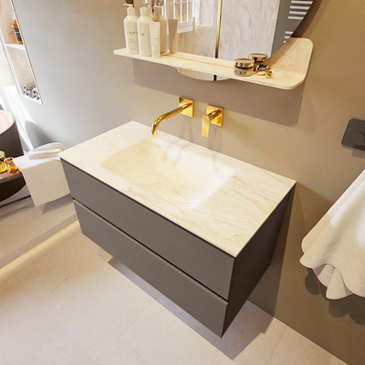 Mondiaz VICA-DLUX ensemble de meuble de salle de bain - 90cm - meuble sous-vasque fumée - 2 tiroirs - lavabo encastré nuage milieu - sans trous de robinet - version haute 60cm - ostra