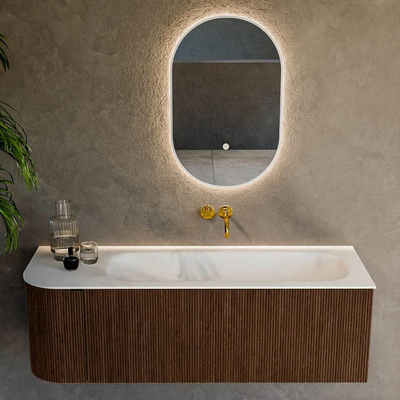 MONDIAZ KURVE Meuble de salle de bains 135 cm avec module 25 L couleur Walnut avec 1 tiroir et 1 porte. Lavabo BIG MEDIUM à droite sans trou de robinet Talc.