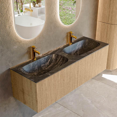 MONDIAZ KURVE-DLUX 140cm badmeubel kleur Oak met 2 lades. Wastafel STOR SMALL dubbel 2 kraangaten kleur Lava.