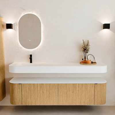 MONDIAZ THOR Meuble de salle de bains 180cm arrondi gauche + droite couleur Oak avec 2 tiroirs et 2 portes. Vasque suspendue CLOUD Gauche 1 trou de robinet couleur Talc.