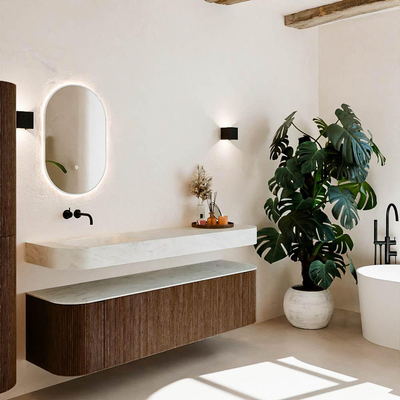 MONDIAZ THOR-DLUX Meuble de salle de bains - 170cm - arrondi gauche + droite - couleur Walnut - 1 tiroir et 2 portes - Vasque suspendue CLOUD Gauche sans trou de robinet - couleur Opalo