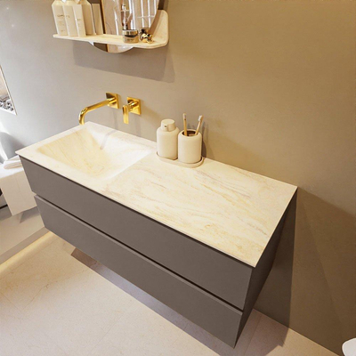 Mondiaz VICA-DLUX Ensemble de meuble de salle de bain - 120cm - meuble sous-vasque fumée - 2 tiroirs - lavabo encastré nuage gauche - sans trous de robinet - version haute 60cm - ostra