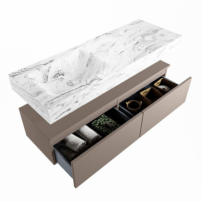 Mondiaz ALAN-DLUX Ensemble de meuble - 130cm - meuble Smoke mat - 2 tiroirs - Lavabo Cloud Glace suspendu - vasque Gauche - 0 trous de robinet