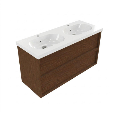 Saniclass Holz Frame Ensemble meuble de salle de bains - 120x45x63.5cm - lavabo en céramique Palermo blanc - 2 vasques - 2 trous de robinetterie - 2 tiroirs - mat walnut pure (bois)
