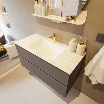 Mondiaz VICA-DLUX ensemble de meuble de salle de bain - 100cm - meuble sous-vasque fumée - 2 tiroirs - lavabo encastré nuage milieu - 1 trou de robinet - version haute 60cm - ostra