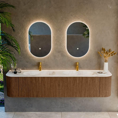 MONDIAZ KURVE-DLUX 200cm Meuble salle de bain avec module 25 G et D - couleur Walnut - 2 tiroirs - 2 portes - vasque STOR SMALL double - 2 trous de robinet - couleur Frappe