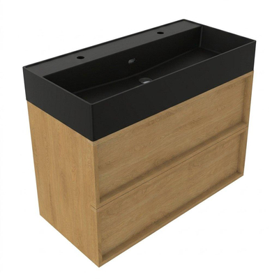 Saniclass Holz Frame Ensemble meuble de salle de bains - 100x45x72cm - lavabo Legend en céramique noir mat - 1 vasque - 2 trous de robinetterie - 2 tiroirs - chêne natural mat (bois)