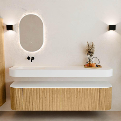 MONDIAZ THOR 180cm meuble de salle de bains arrondi gauche + droite couleur Oak avec 2 tiroirs et 2 portes. Vasque suspendue CLOUD Gauche sans trou de robinet couleur Talc.