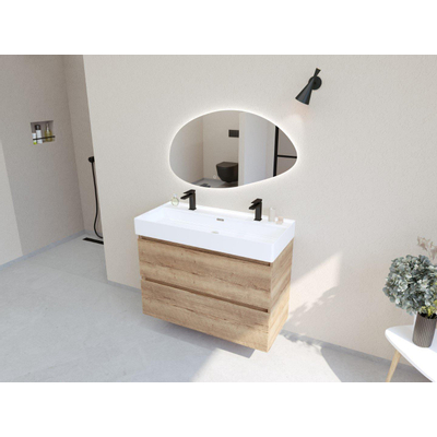 HR Infinity XXL ensemble de meubles de salle de bain 3d 100 cm 1 lavabo céramique kube blanc 2 trous de robinet 2 tiroirs chêne français
