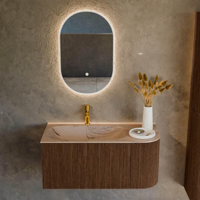 MONDIAZ KURVE-DLUX Meuble de salle de bains 95cm arrondi à droite couleur Walnut avec 1 tiroir et 1 porte. Lavabo BIG SMALL à gauche 1 trou de robinet Arena.