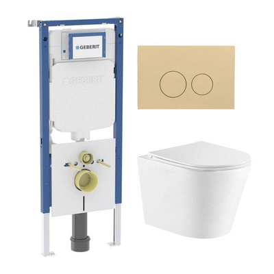 QeramiQ Dely Toiletset - 36.3x51.7cm - diepspoel - rimless - Geberit UP720 inbouwreservoir - softclose toiletzitting - bedieningsplaat beige - ronde knoppen - wit mat
