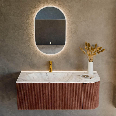 Mondiaz KURVE-DLUX Ensemble de meuble salle de bain - 115x46x40cm - 1 tiroir - 1 porte - lavabo en solid surface - gauche - 1 trou de robinet - Ruby
