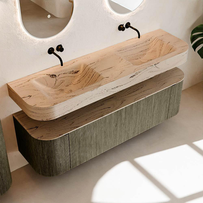 MONDIAZ THOR-DLUX 160cm meuble de salle de bains arrondi gauche + droite couleur Shadow avec 1 tiroir et 2 portes. Vasque suspendue CLOUD Double sans trou de robinet couleur Arena.