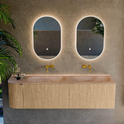 MONDIAZ KURVE-DLUX 165cm meuble de salle de bains arrondi gauche couleur Chêne avec 2 tiroirs et 1 porte. Lavabo STOR SMALL Double / Droite sans trou de robinet Saba.