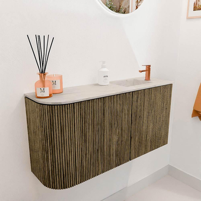 Mondiaz JOYA-DLUX 81.6cm toiletmeubel - ronding links kleur Dusk - Wastafel FAYE positie Rechts 1 kraangat kleur Ostra.