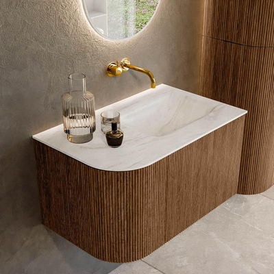 MONDIAZ KURVE-DLUX 75cm Meuble salle de bain avec module 25 G - couleur Walnut - 1 tiroir - 1 porte - vasque GRUNNE droite - sans trou de robinet - couleur Ostra