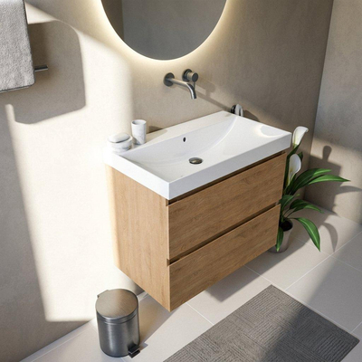 Saniclass Holz Pure Ensemble de meubles de salle de bains - 80x45x67.5cm - lavabo Wave en céramique - 1 vasque - sans trou de robinetterie - 2 tiroirs - chêne naturel mat (bois)