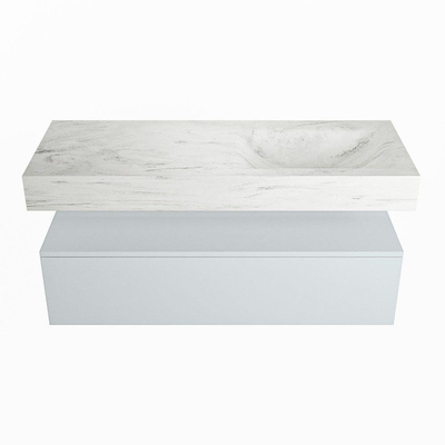 Mondiaz ALAN-DLUX Ensemble de meuble - 120cm - meuble Clay mat - 1 tiroir - Lavabo Cloud Opalo suspendu - vasque Droite - 0 trous de robinet