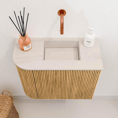 Mondiaz JOYA-DLUX Meuble de toilette 51,6cm - arrondi gauche couleur Chêne - Vasque FAYE position Droite Sans trou de robinet couleur Meli.